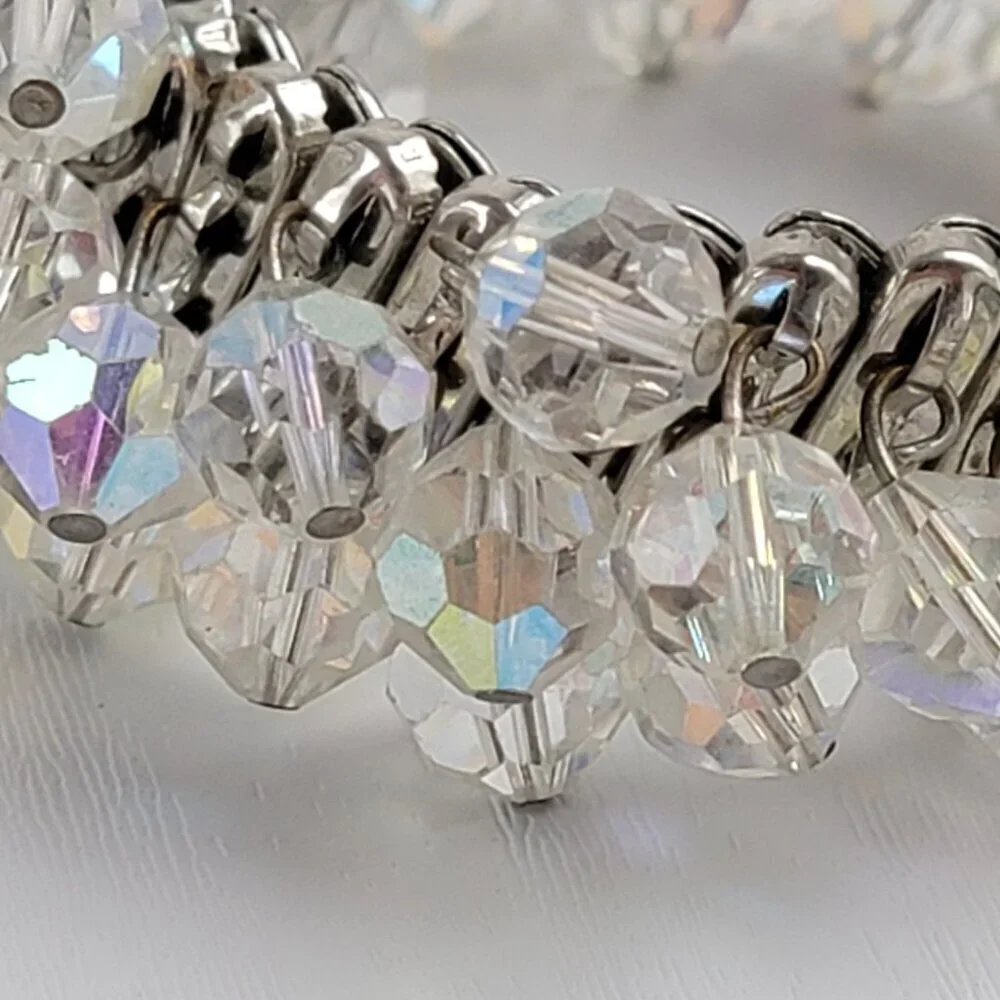 Vtg. Mid Century 50's Silver-Tone Clear Crystal Bead Charm Expandable Bracelet